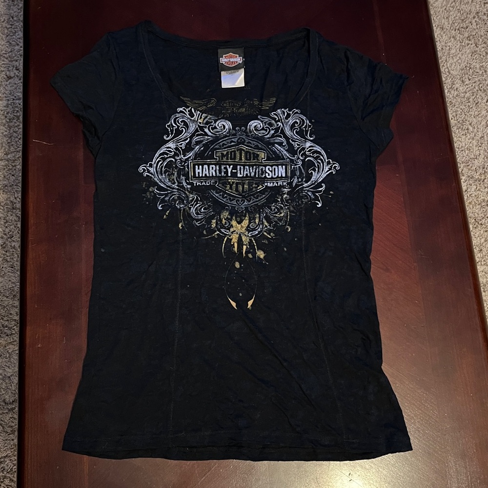 Harley-Davidson burnout black tee shirt L juniors size distressed lightweight